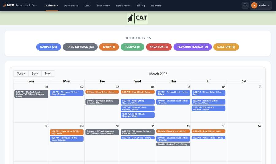 CAT Platform — Real-time scheduling calendar with color-coded job types and crew assignments