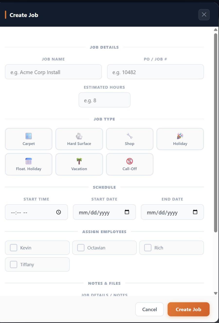 CAT Platform — Job creation form with type selection, scheduling, and employee assignment