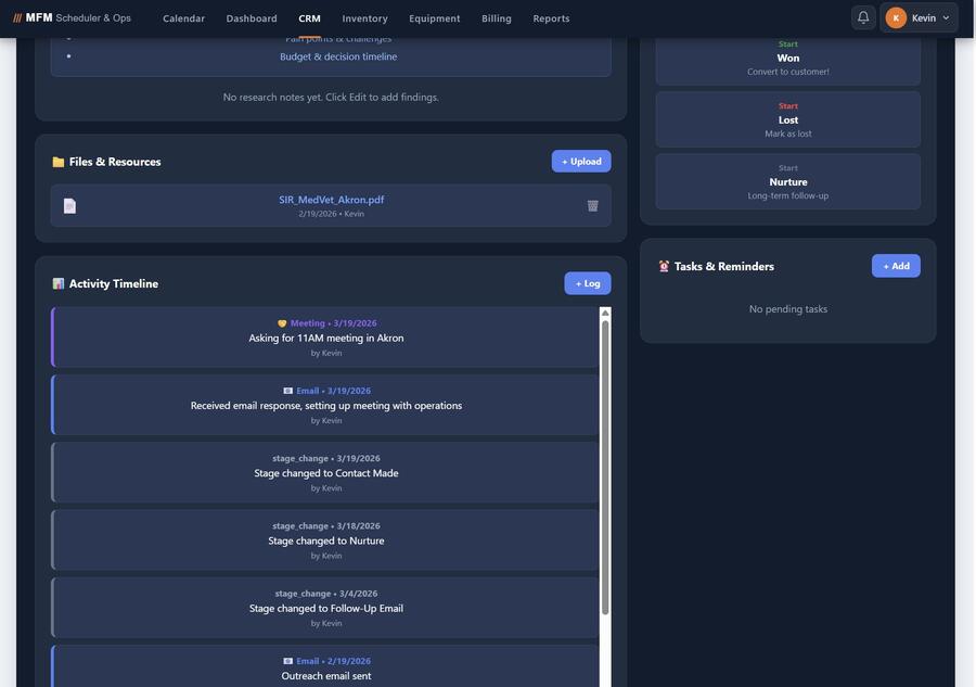 CAT Platform — CRM lead detail with activity timeline, file storage, and pipeline stage tracking